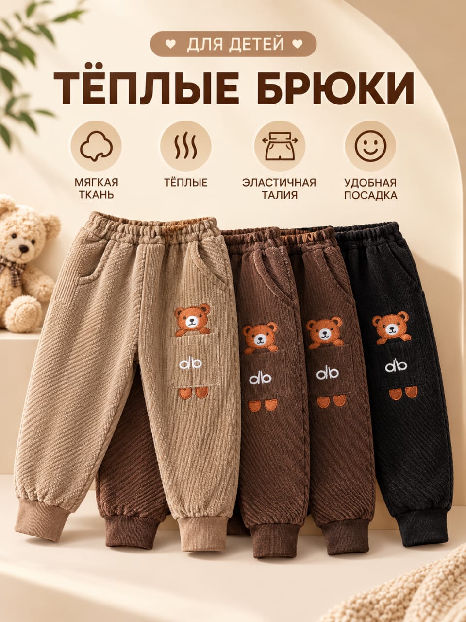 Детские брюки из мягкой ткани с резинкой и манжетами