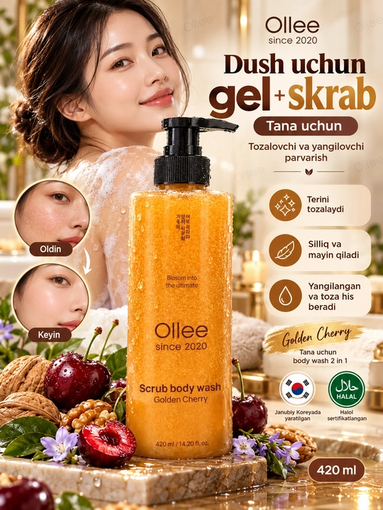 Dush uchun gel-skrab OLLEE Golden Cherry 420 ml gilos hidli, tanani tozalash va parvarish - 