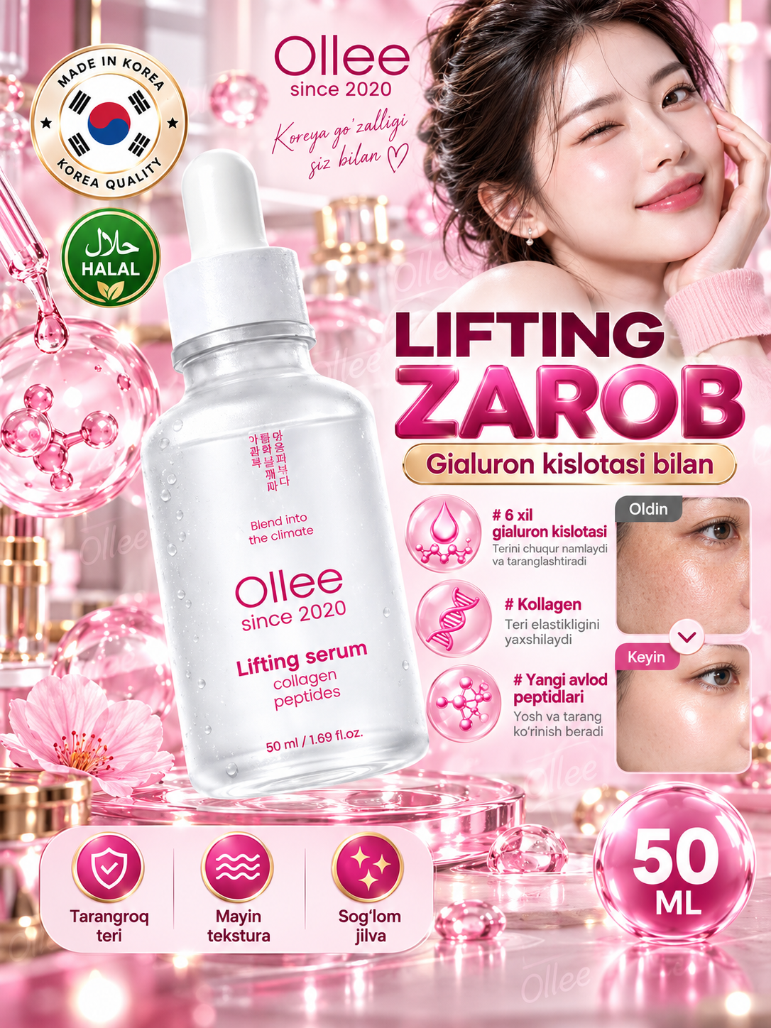 Gialuron kislotasi va Ollee peptidlari bilan yuz uchun qarishga qarshi zardob, 50 ml - 