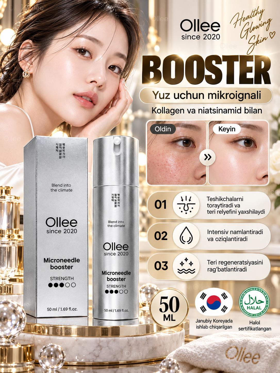 OLLEE yuz uchun buster, 50 ml, mikroigna, kollagen va niatsinamid bilan, teri parvarishi uchun - 