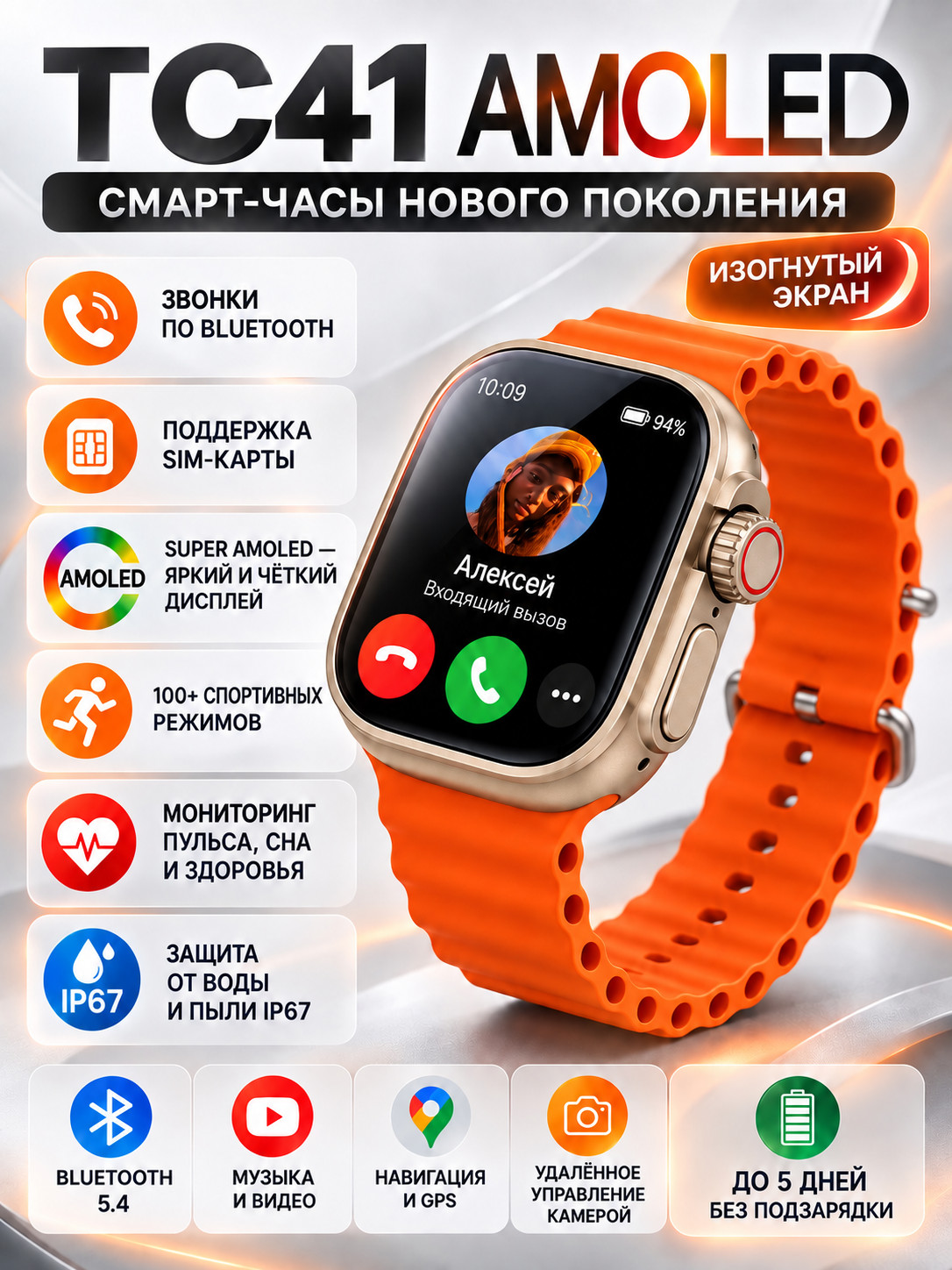 Смарт-часы Telzeal TC41 AMOLED с 4G, SIM-картой, камерой и Bluetooth - 