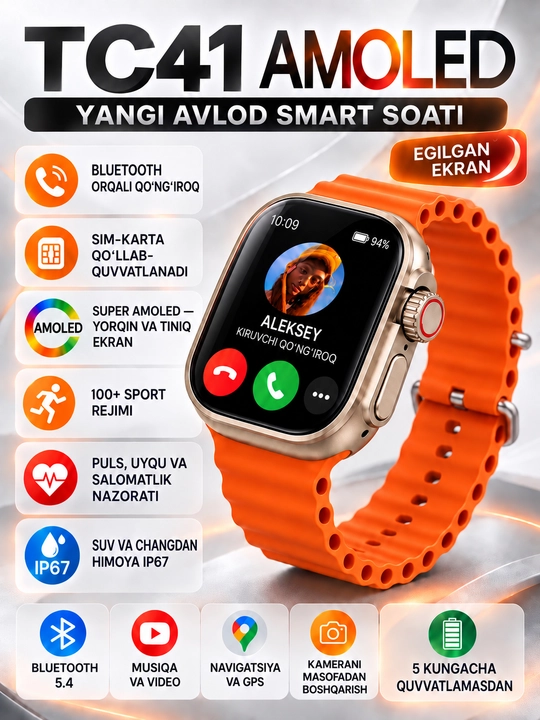 Смарт-часы Telzeal TC41 AMOLED с 4G, SIM-картой, камерой и Bluetooth