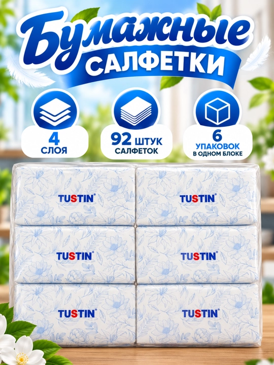 Салфетки TUSTIN бумажные, 4 слоя, 92 шт × 6 пачек, белые мягкие - 
