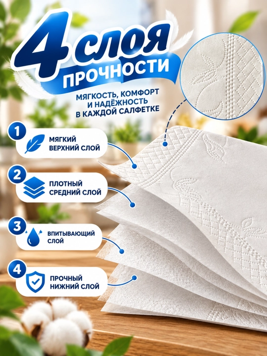 Салфетки TUSTIN бумажные, 4 слоя, 92 шт × 6 пачек, белые мягкие