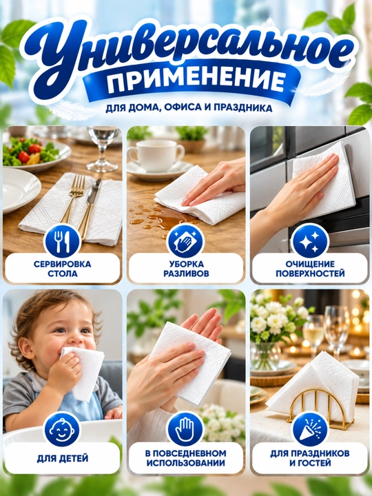 Салфетки TUSTIN бумажные, 4 слоя, 92 шт × 6 пачек, белые мягкие