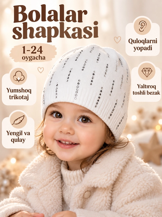 Bolalar shapkasi 0–3 yosh, qizlar va o‘g‘il bolalar uchun, trikotaj, kuz-qish - 