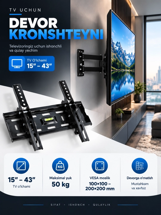 Televizor uchun qiya buriluvchi kronshteyn, 180 daraja 15-55 - 