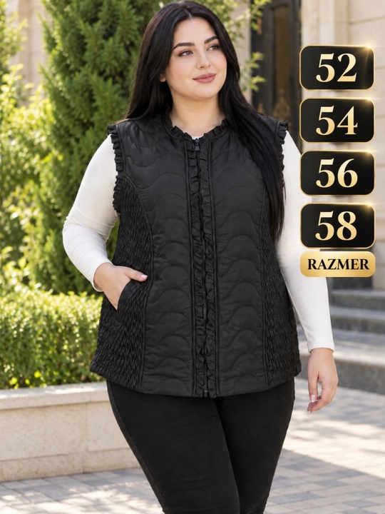 Ayollar uchun kuzgi, qora rangli, qavilgan, issiq yengsiz nimcha, katta o‘lchamlari 52-58 - 