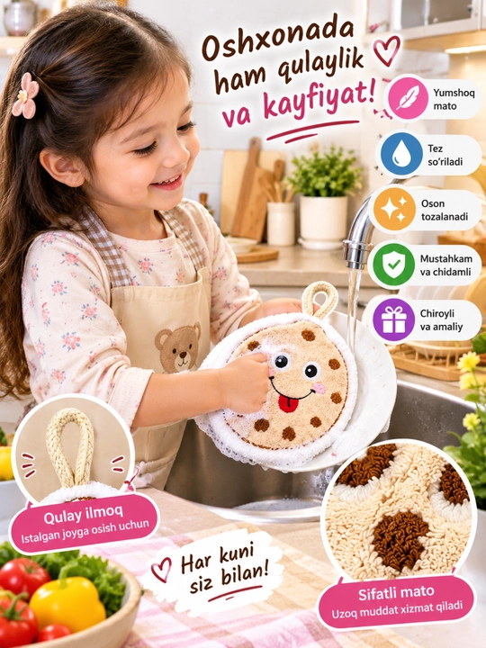 Keks shaklidagi yumshoq osma sochiq bolalar uchun qo‘l sochiq oshxona va hammom aksessuari
