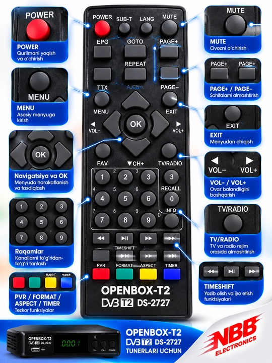 OPENBOX-T2,  DVB-T2, DS-2727 Tunerlar uchun universal pult,tuner pulti,pult