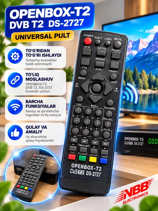 OPENBOX-T2,  DVB-T2, DS-2727 Tunerlar uchun universal pult,tuner pulti,pult - 