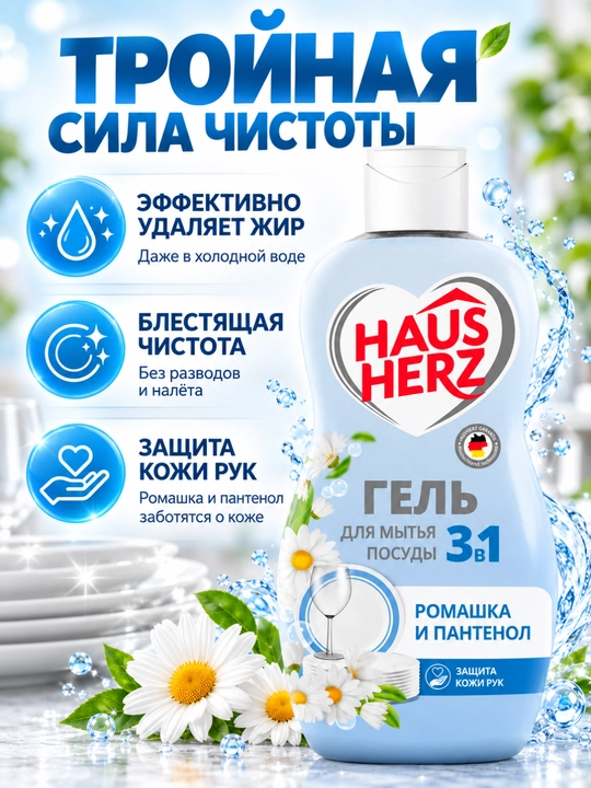 Гель для мытья посуды, Haus Herz, "Нежные ручки", эффективное удаление жира, густая формула