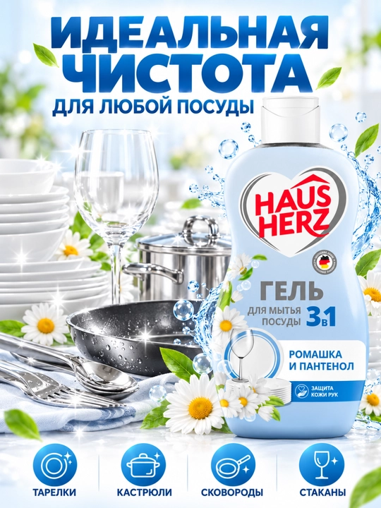 Гель для мытья посуды, Haus Herz, "Нежные ручки", эффективное удаление жира, густая формула