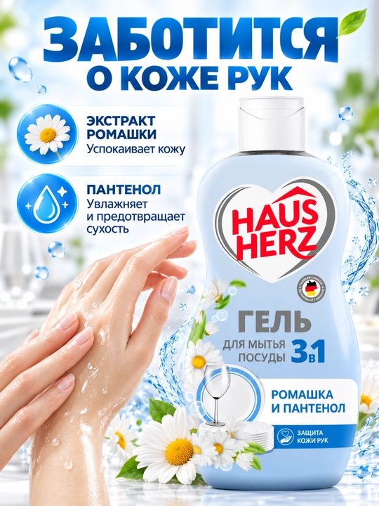 Гель для мытья посуды, Haus Herz, "Нежные ручки", эффективное удаление жира, густая формула