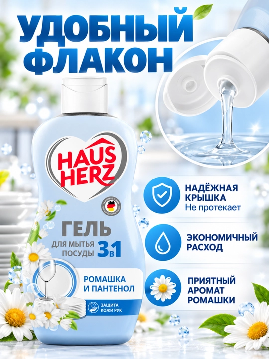 Гель для мытья посуды, Haus Herz, "Нежные ручки", эффективное удаление жира, густая формула