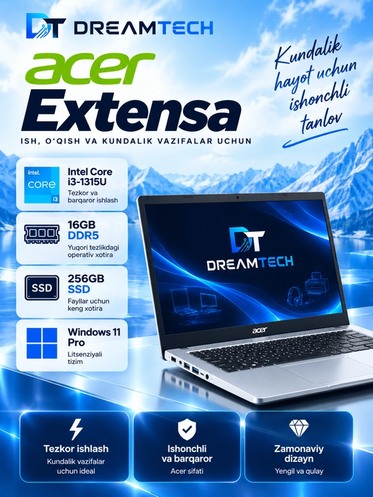 Noutbuk Acer Extensa, Intel Core i3-1315U, 16GB DDR5, 256GB SSD, 15.6" FHD, Windows 11 Pro - 
