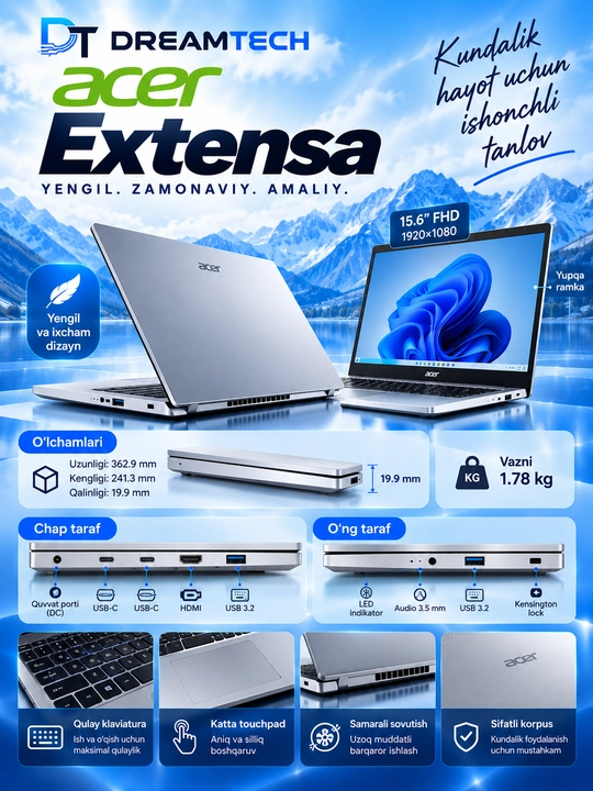 Ноутбук Acer Extensa, Intel Core i3-1315U, 16 ГБ DDR5, SSD 256 ГБ 15.6" FHD Windows 11 Pro