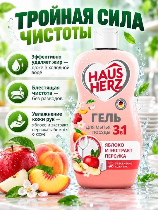 Гель для мытья посуды, Haus Herz, "Нежные ручки", эффективное удаление жира, густая формула