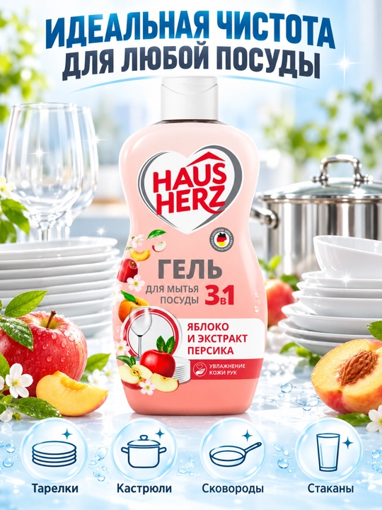 Гель для мытья посуды, Haus Herz, "Нежные ручки", эффективное удаление жира, густая формула