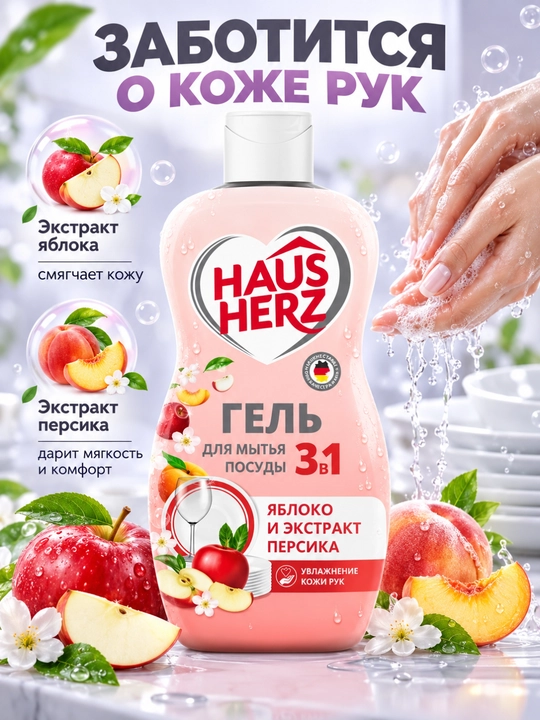 Гель для мытья посуды, Haus Herz, "Нежные ручки", эффективное удаление жира, густая формула