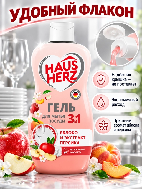 Гель для мытья посуды, Haus Herz, "Нежные ручки", эффективное удаление жира, густая формула