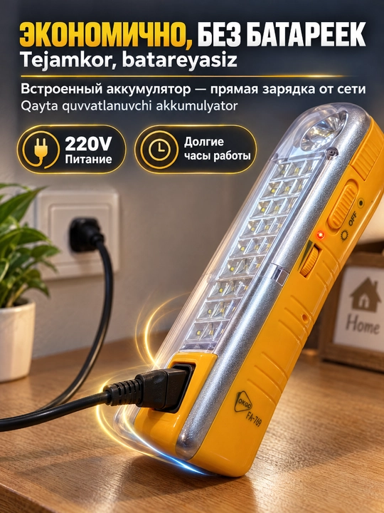 Portativ LED favqulodda chiroq FA-769, qayta zaryadlanuvchi, 2 yorug'lik rejimi