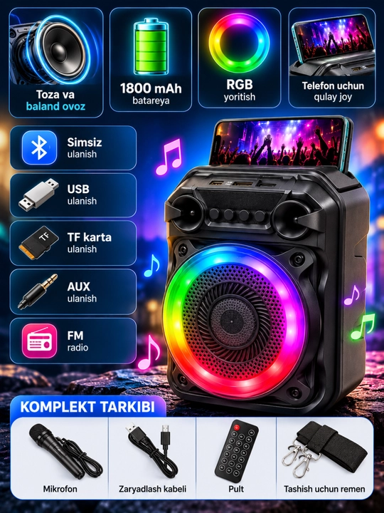 ZQS 1616 portativ Bluetooth kolonka, RGB yoritish, 1800 mAh, USB, AUX, TF
