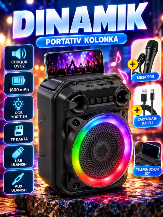 ZQS 1616 portativ Bluetooth kolonka, RGB yoritish, 1800 mAh, USB, AUX, TF - 