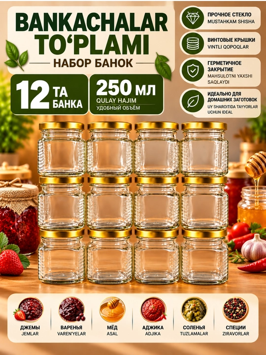 Набор стеклянных банок 250мл / 12шт