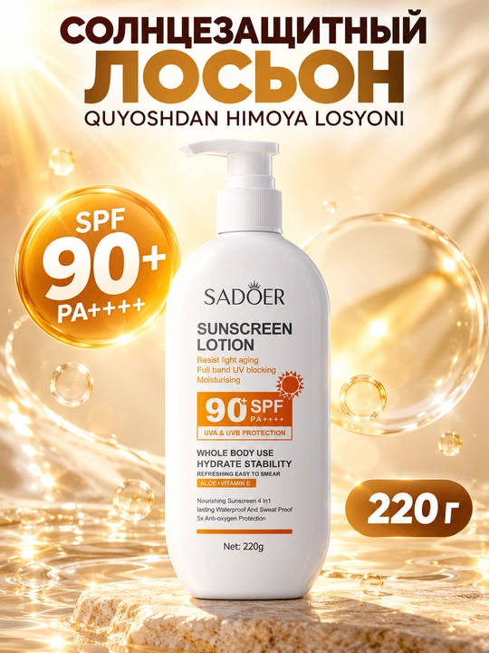 SADOER SPF 90+ PA++++ quyoshdan himoya qiluvchi loson, UVA va UVB himoyasi, 220 g - 