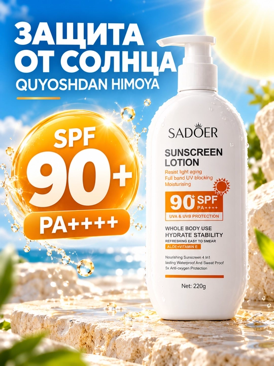 SADOER SPF 90+ PA++++ quyoshdan himoya qiluvchi loson, UVA va UVB himoyasi, 220 g