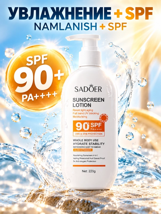 SADOER SPF 90+ PA++++ quyoshdan himoya qiluvchi loson, UVA va UVB himoyasi, 220 g