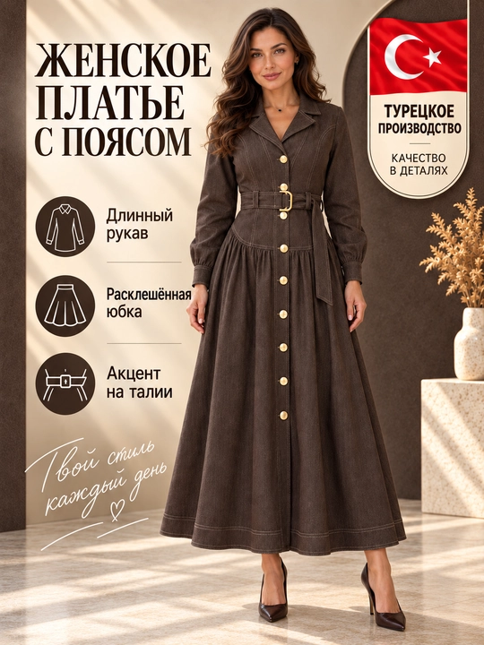 Женское длинное платье с поясом и длинными рукавами, коричневое - 