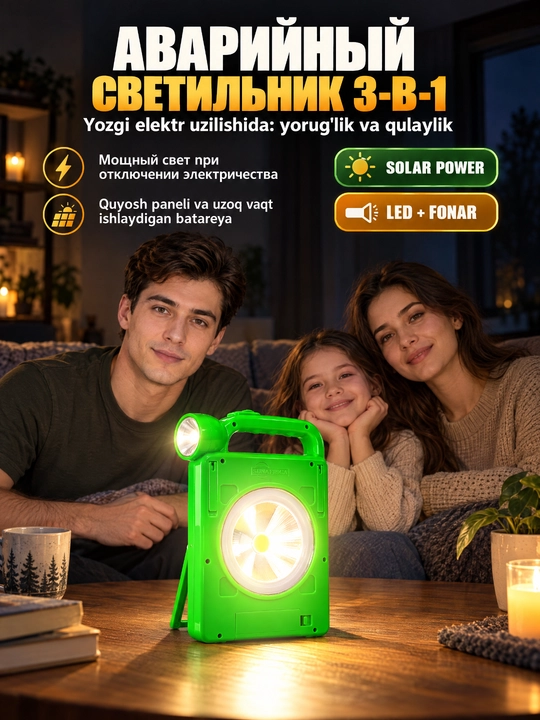Portativ quyosh elektr stantsiyasi SA-7794, batareya 3000mAh, LED yoritgich - 