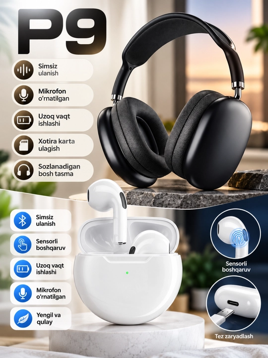 P9 simsiz naushnik, Bluetooth, mikrofon, xotira karta, TWS sovg‘a