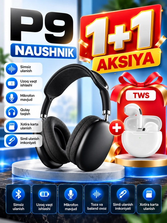 P9 simsiz naushnik, Bluetooth, mikrofon, xotira karta, TWS sovg‘a - 