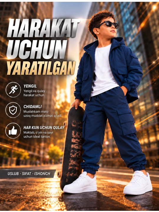 O‘g‘il bolalar uchun 3ta1 da bolalar to‘plami,uzun yengli kapyushonli kurtka va kargo shim - 