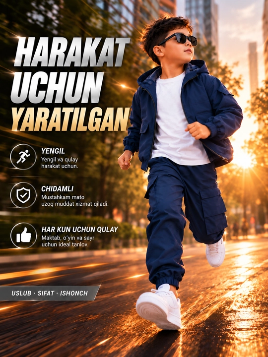 O‘g‘il bolalar uchun 3ta1 da bolalar to‘plami,uzun yengli kapyushonli kurtka va kargo shim