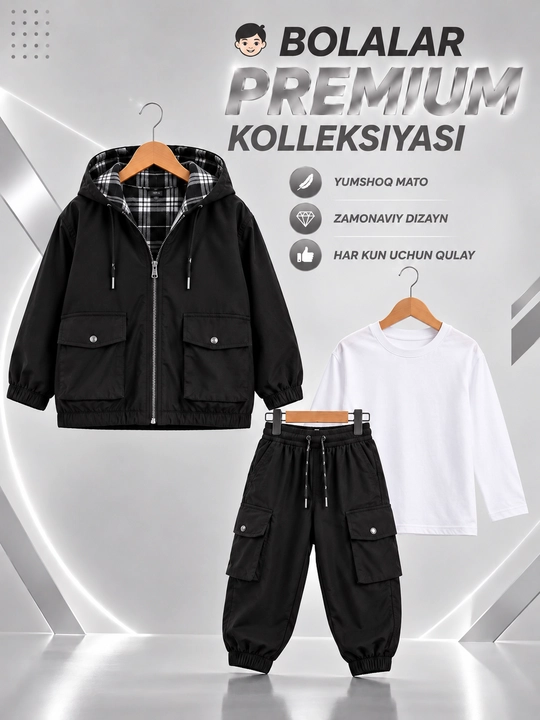 O‘g‘il bolalar uchun 3ta1 da bolalar to‘plami,uzun yengli kapyushonli kurtka va kargo shim