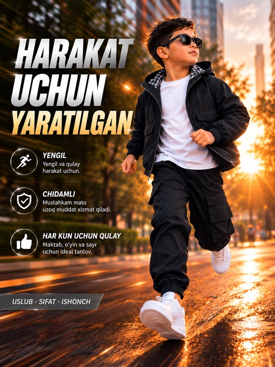 O‘g‘il bolalar uchun 3ta1 da bolalar to‘plami,uzun yengli kapyushonli kurtka va kargo shim