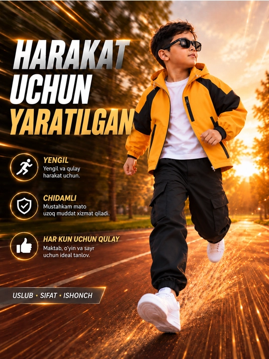 O‘g‘il bolalar uchun 3ta1 da bolalar to‘plami,uzun yengli kapyushonli kurtka va kargo shim