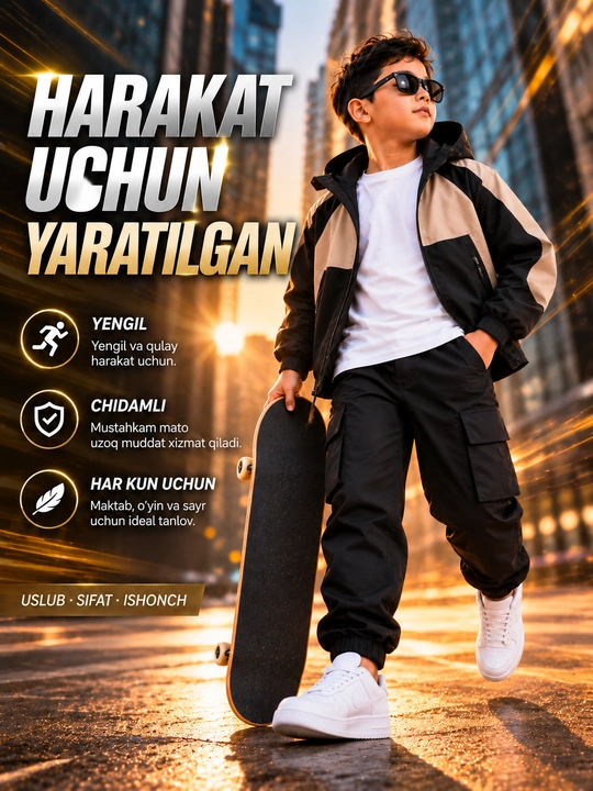 O‘g‘il bolalar uchun 3ta1 da bolalar to‘plami,uzun yengli kapyushonli kurtka va kargo shim - 