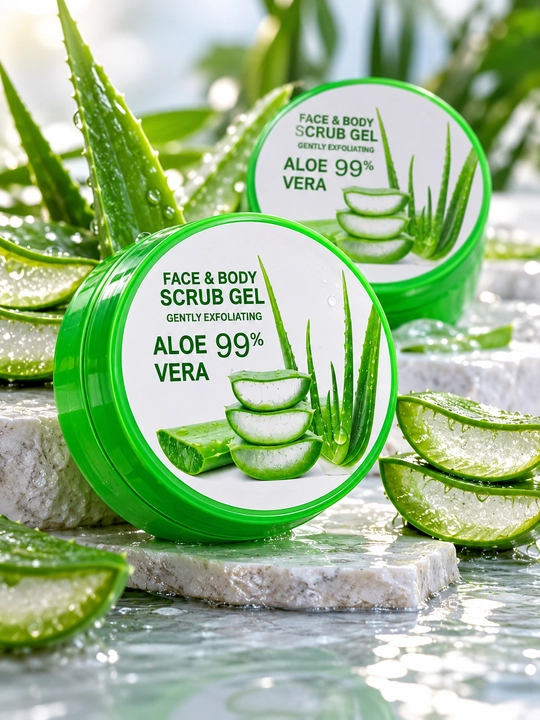 Aloe vera gel-skrabi, yuz va tana uchun skrab, aloe vera geli, gel-piling, tana parvarishi, yuz uchun skrab