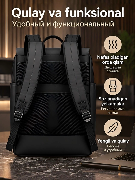 Biznes uchun charm ryukzak, erkaklar uchun portfel, suv o‘tkazmaydigan
