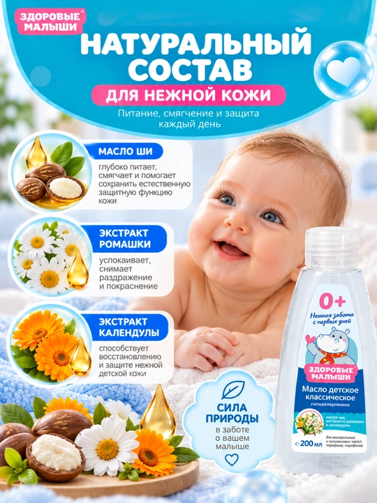 Детское масло Здоровые малыши 0+, масло массажное для массажа, 200 мл