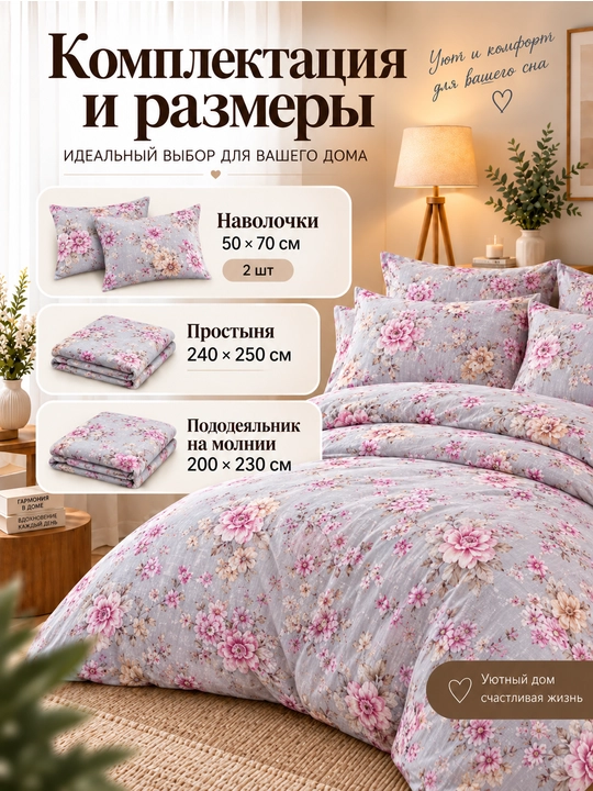 Постельное белье двуспальное, комплект 4 предмета, простыня 200х220