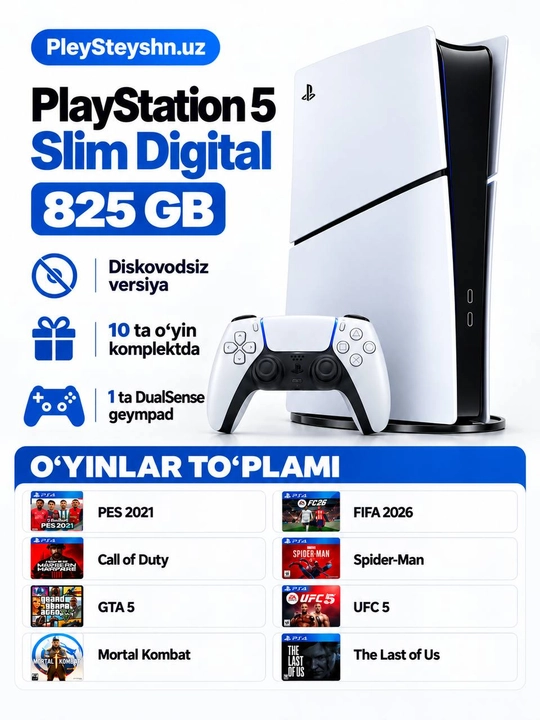 Sony PlayStation 5 Slim Digital 825gb uy konsoli,10+TOP o'yinlar kiritilgan 1/2/4 joystik - 