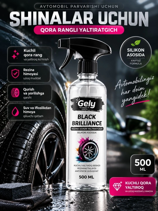 Shinalar uchun Gely Qora yaltiroq vosita, silikonli, suv qaytaruvchi, 500 ml