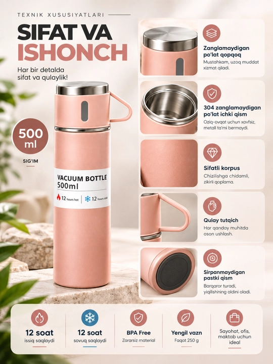Termos metall vakuumli 500 ml 3 ta chashka bilan, sovuq va issiq saqlovchi sovg'a to'plami