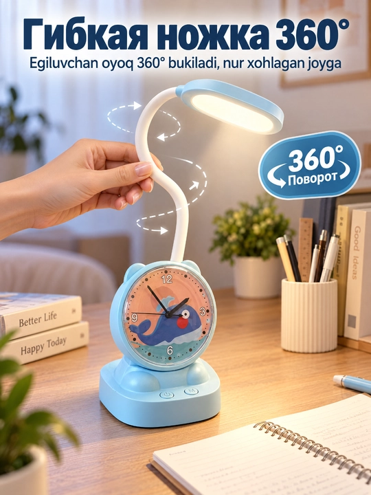 Soat va signalli LED stol chiroqi, TGX-7085, 2400 mA / soat, Micro USB, moslashuvchan